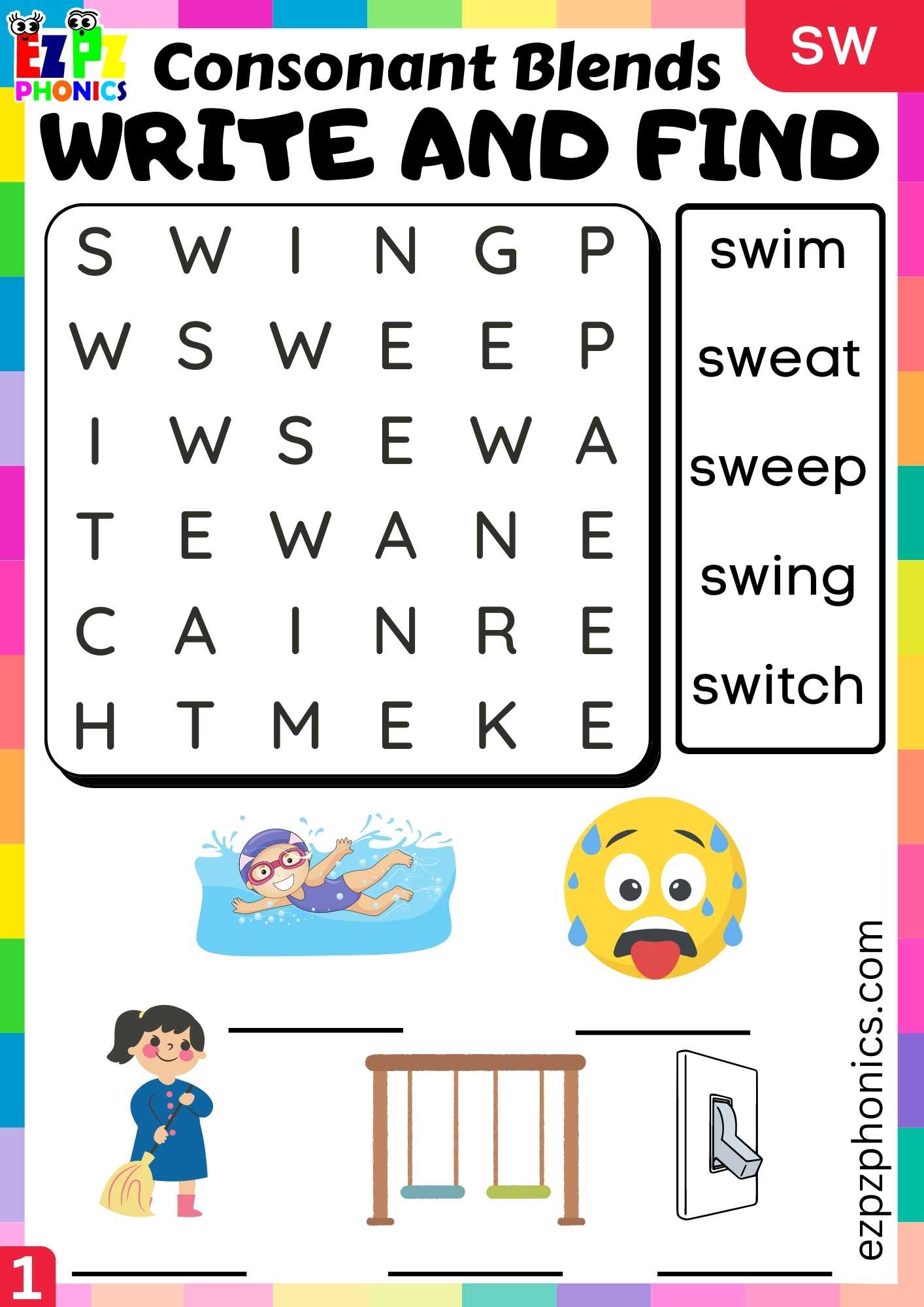 Group1 SW Words Write And Find Phonics Consonant Blends Worksheet